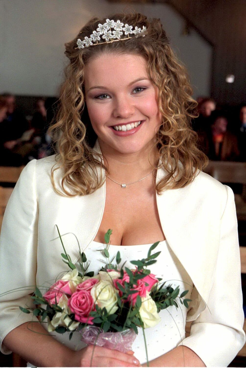 Dawn Woods in Emmerdale smiles in her wedding photo
