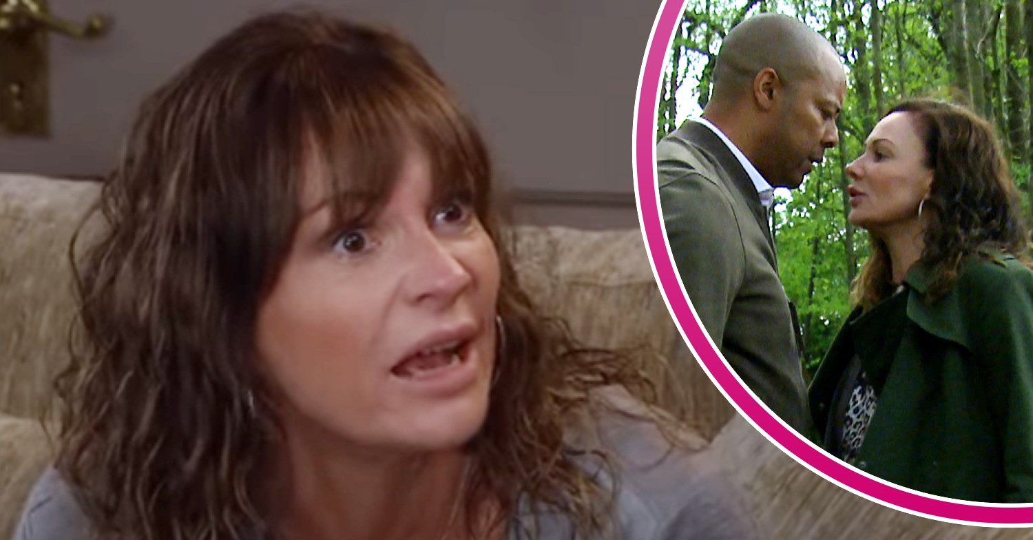 Chas looking angry and Al and Chas about to kiss in Emmerdale