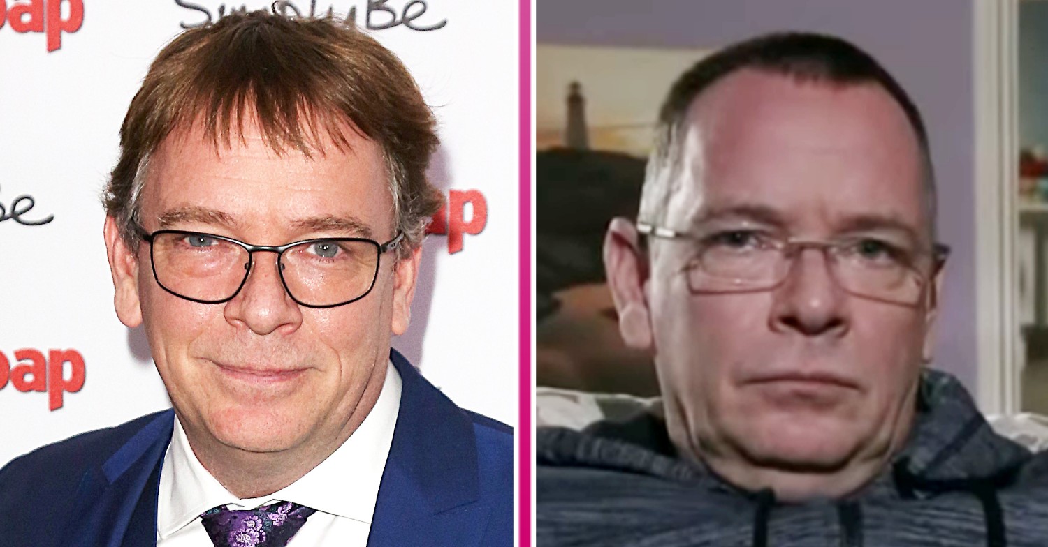 Adam Woodyatt smiling and Ian Beale looking angry in EastEnders