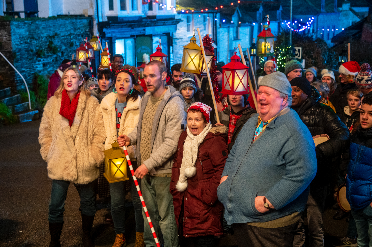 Janice, Morwenna, Al, Caitlin and Bert standing together in Doc Martin