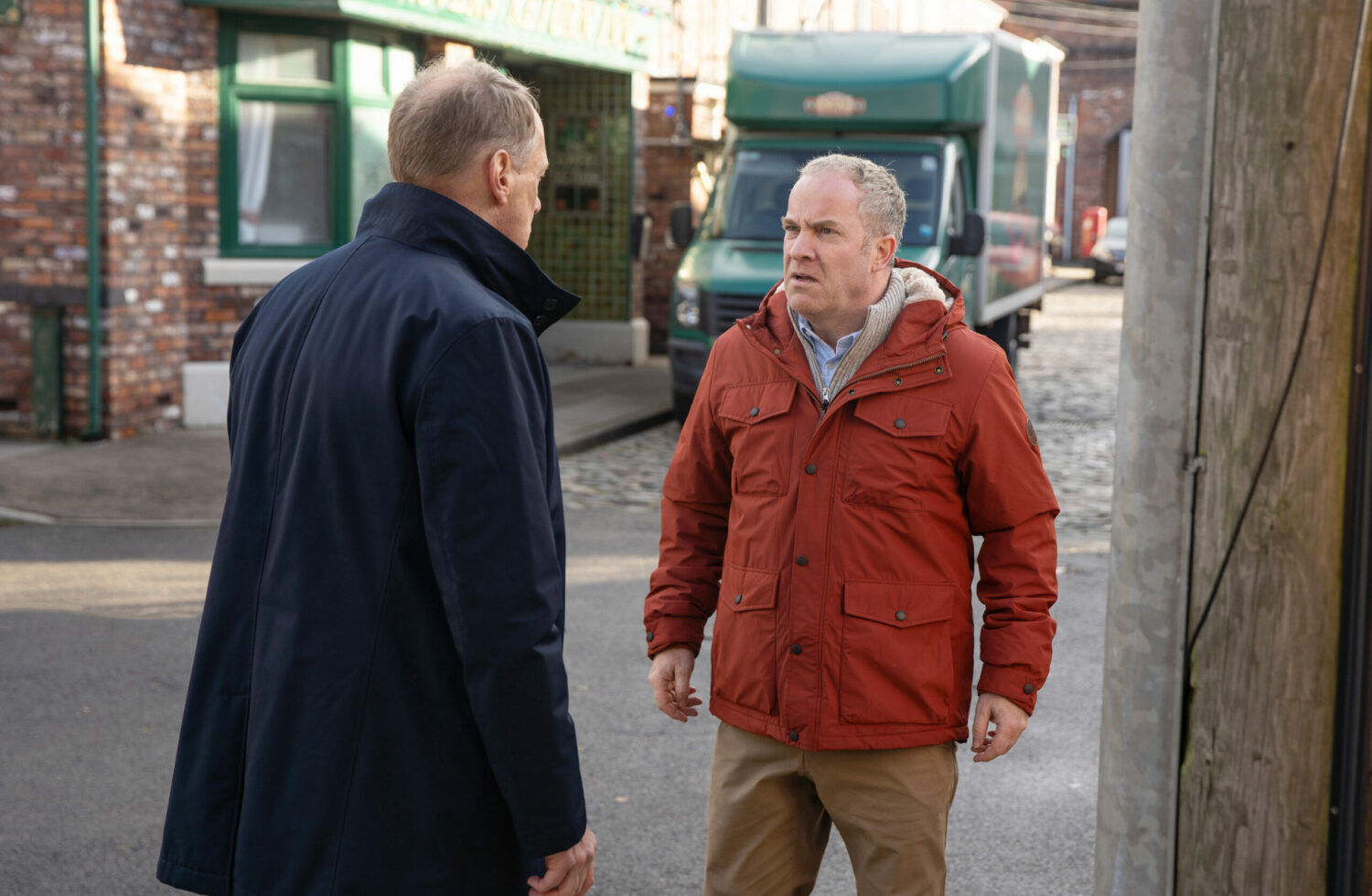 Teddy is drunk in Coronation Street as he talks to Stephen in the street