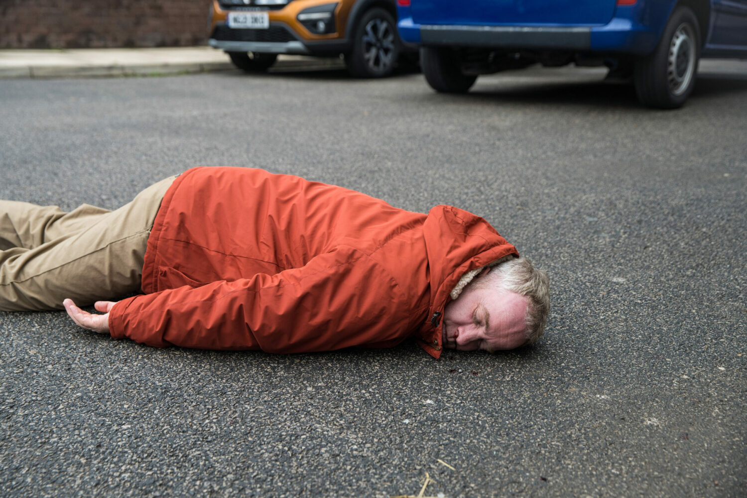 Teddy lies unconscious in the road