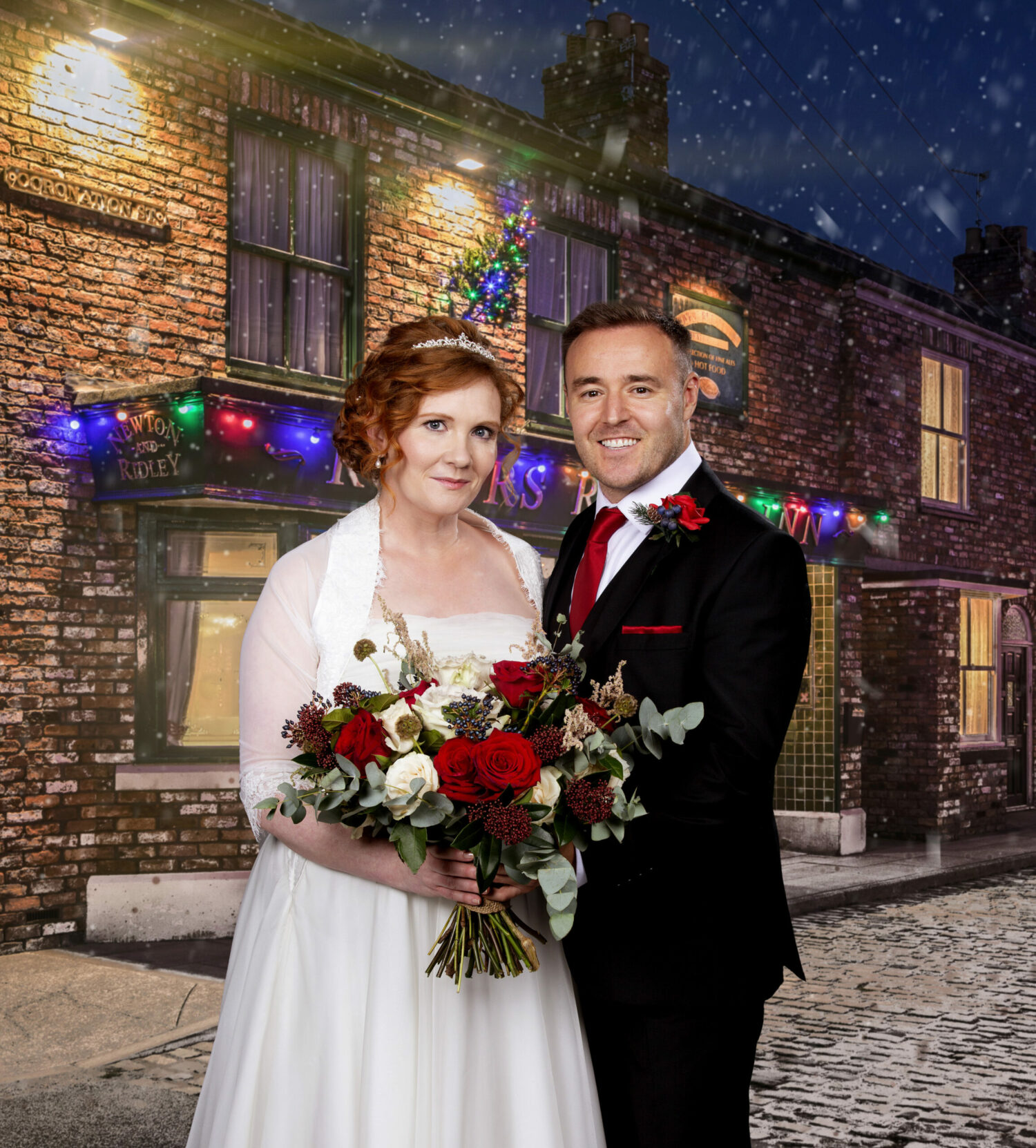 Fiz and Tyrone in wedding outfits on Coronation Street 