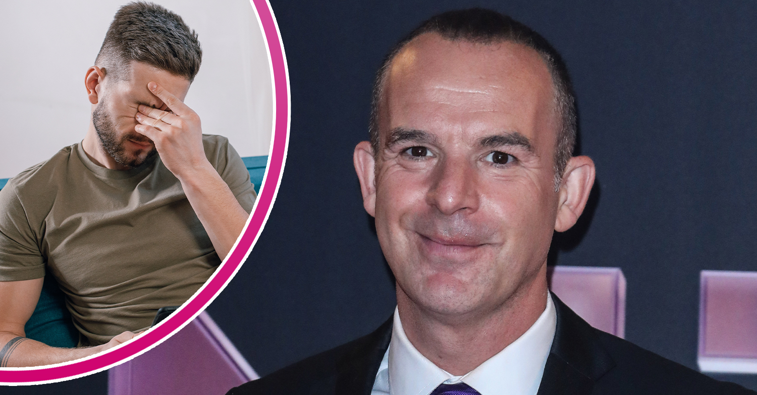 Martin Lewis smiling and a stressed man inset