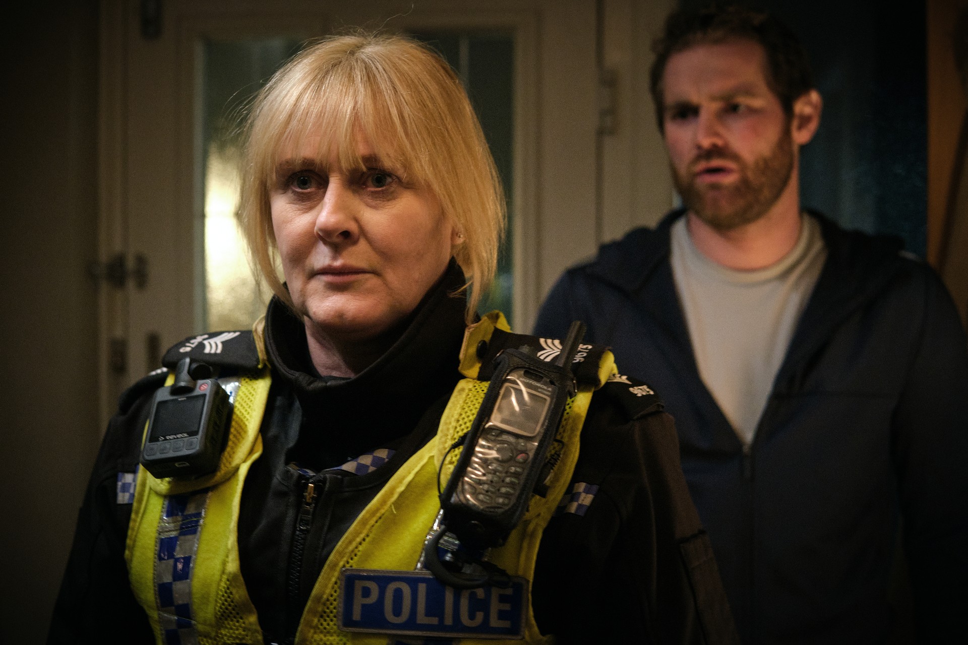 Sarah Lancashire standing with Mark Stanley in Happy Valley