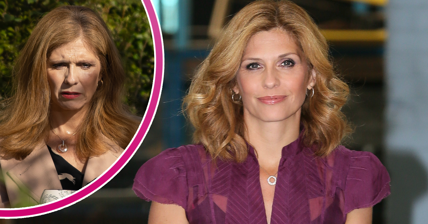 Emmerdale's Samantha Giles is smiling, and in a bubble, Bernice is looking upset