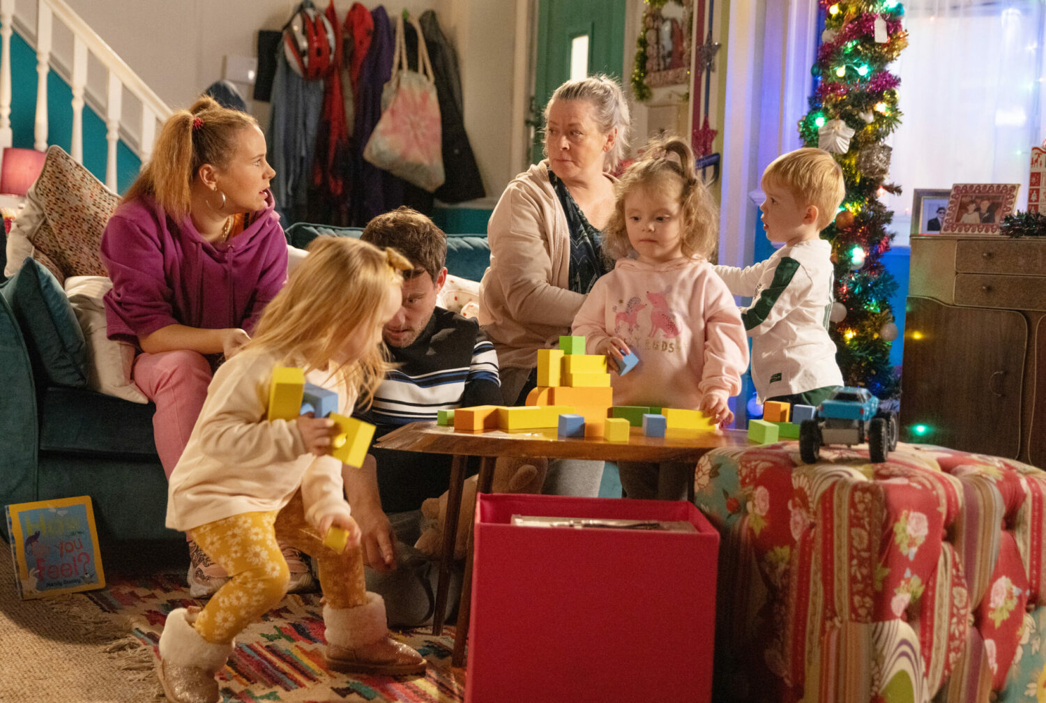 Gemma looking worried at Bernie as the quads play in Corrie 