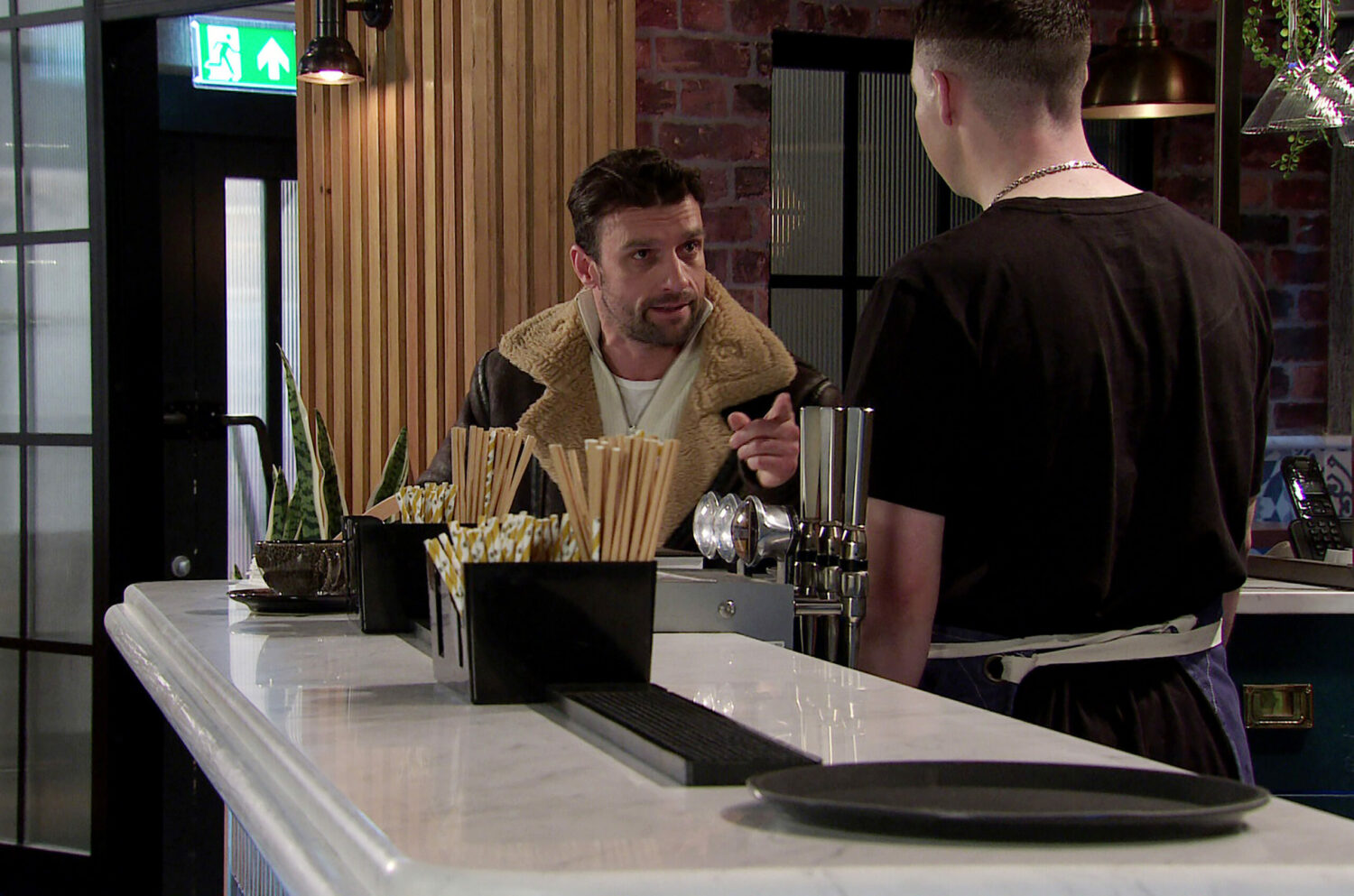 A cocky Damon talks to Jacob on Coronation Street