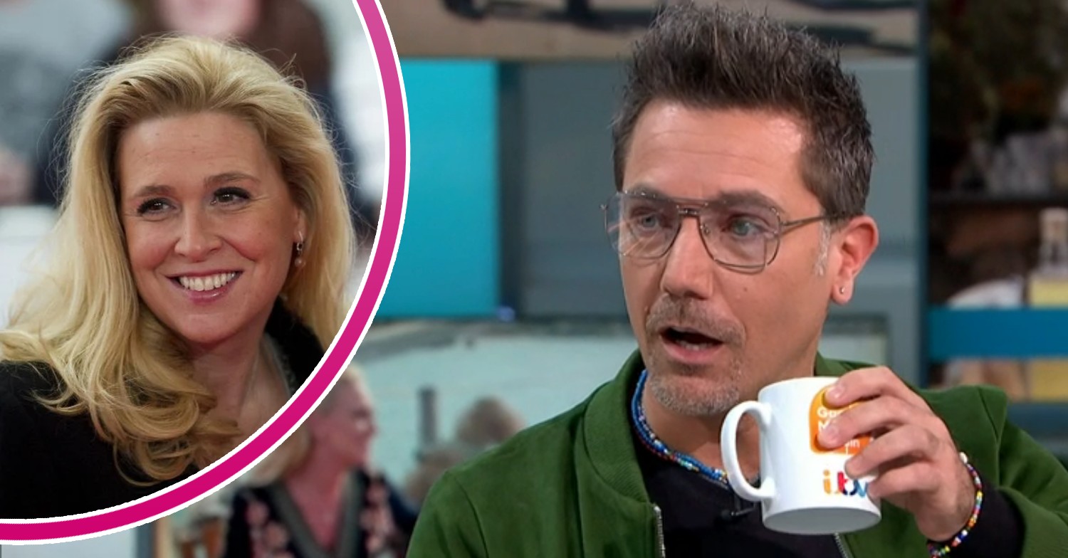 Jessica Morrison, Gino D'Acampo looking shocked, holding a cup, on GMB today