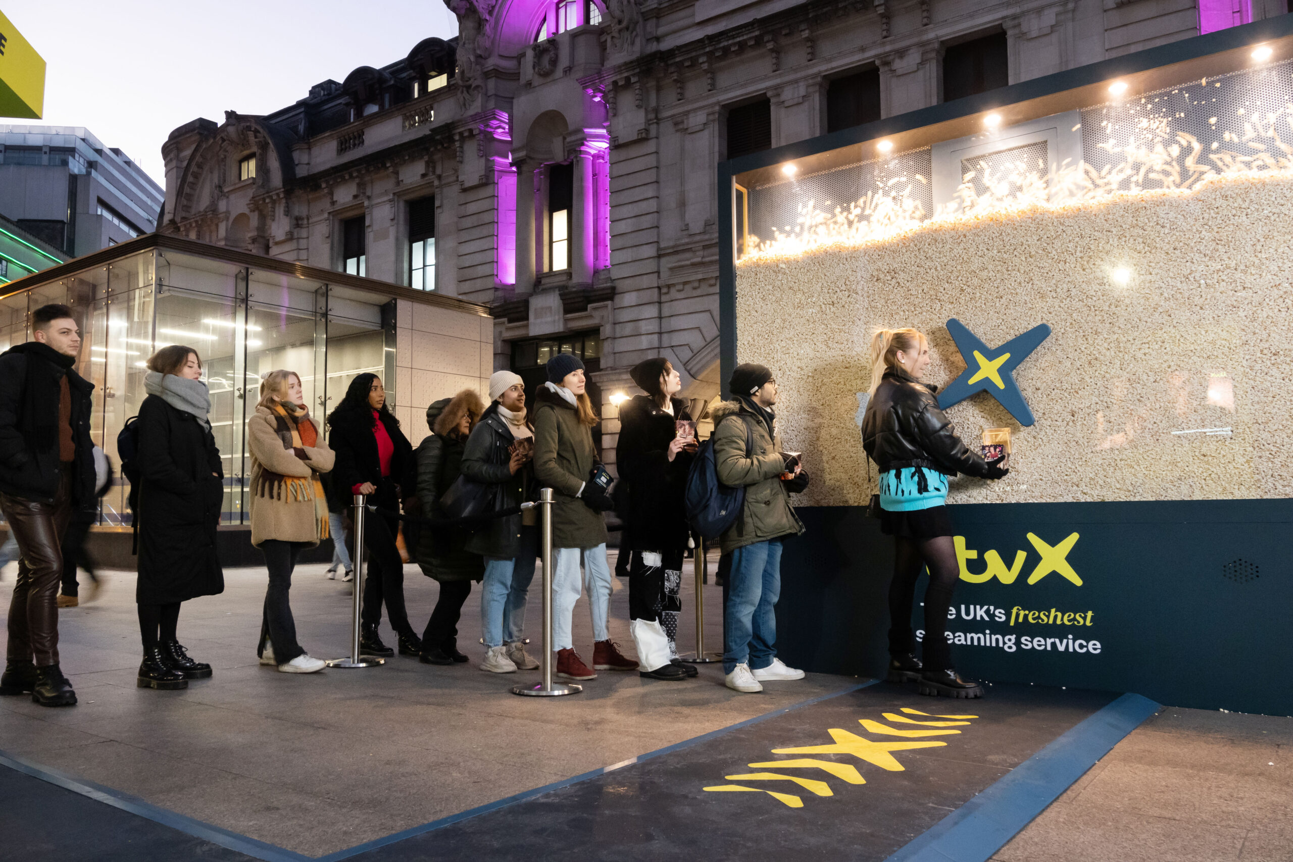 ITVX launch with a giant popcorn machine in Leicester Square