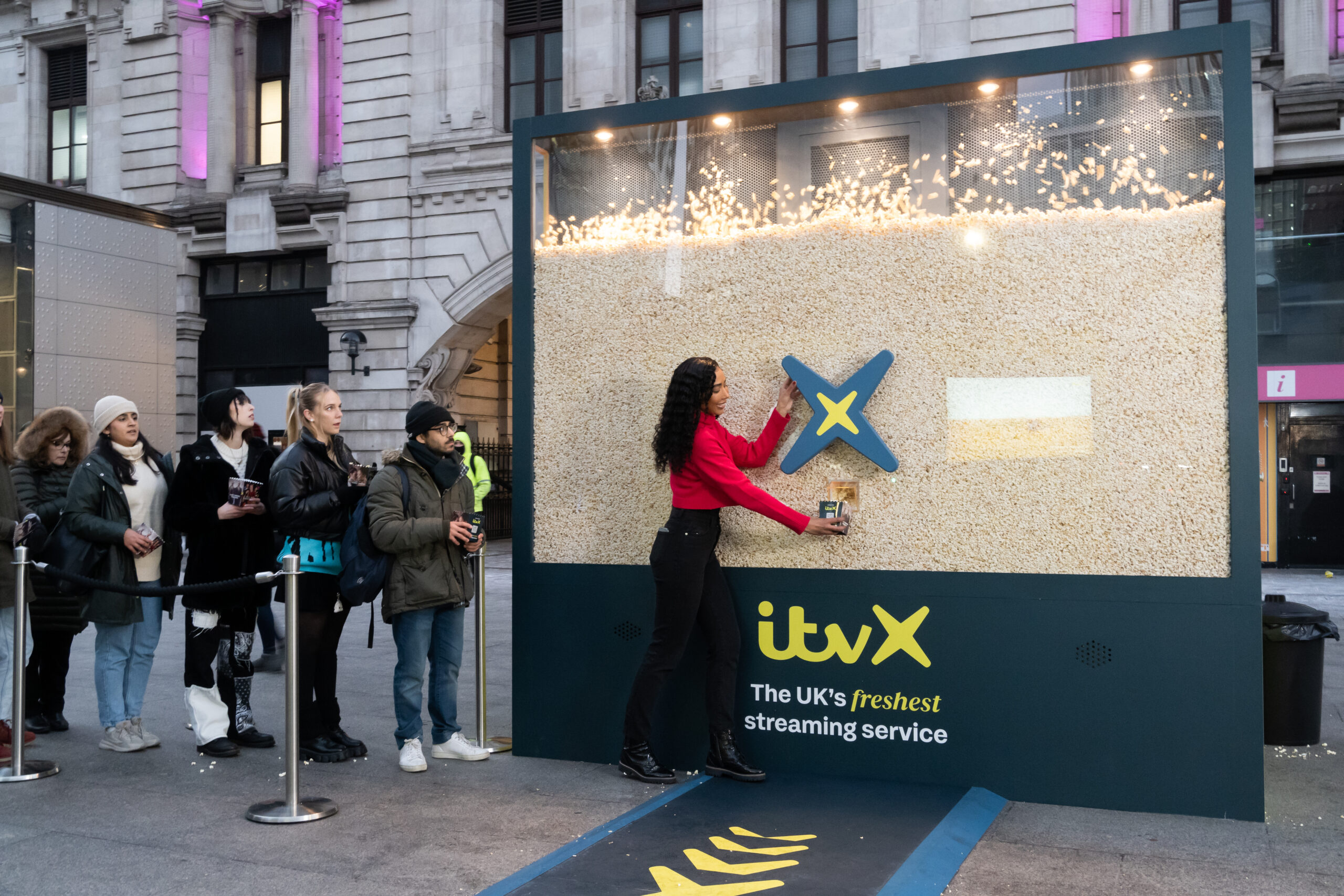 ITVX launch with a giant popcorn machine in Leicester Square