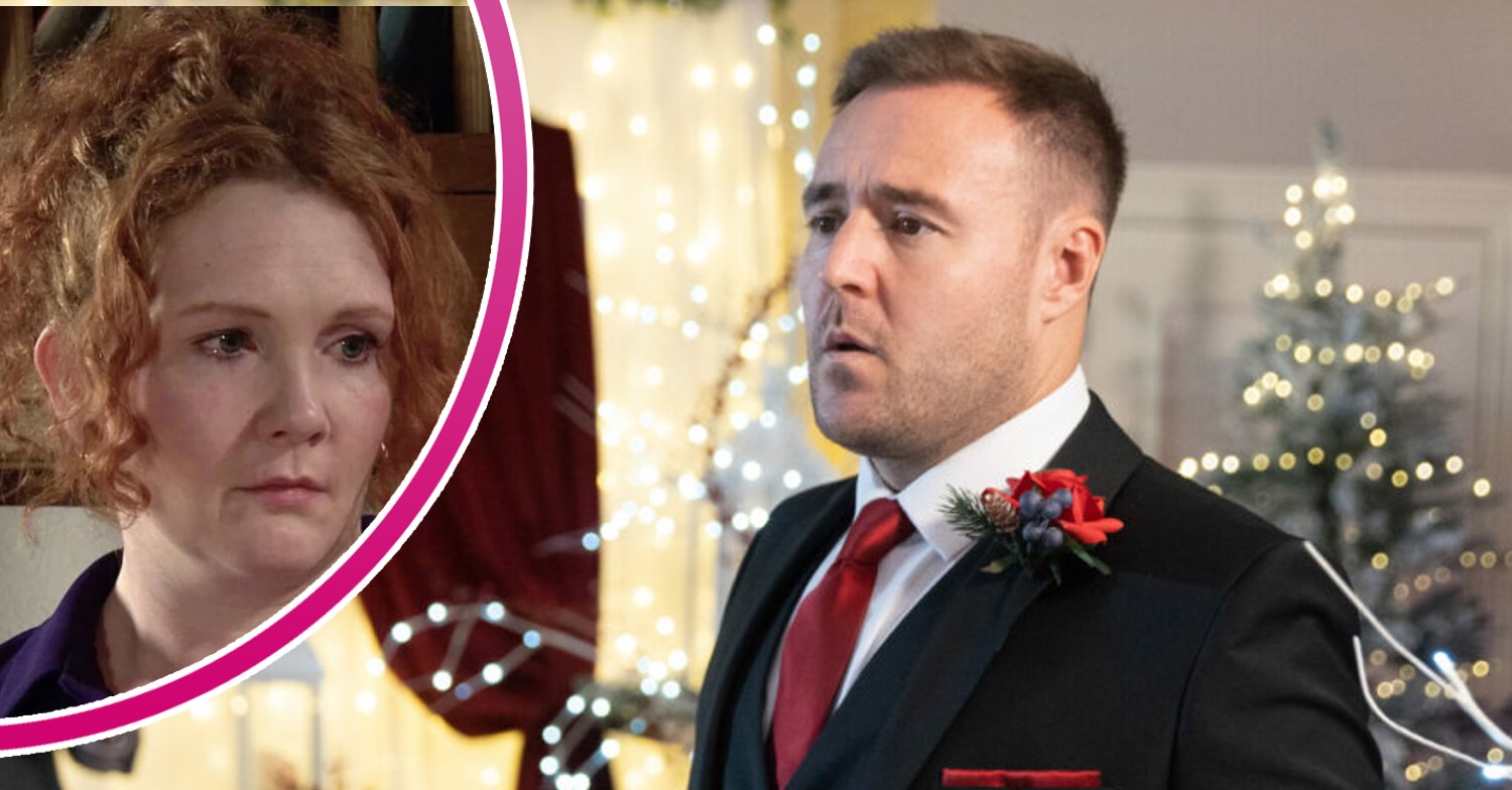Tyrone looks worried in his wedding suit, inset, Fiz looks upset on Coronation Street (Credit: ITV/Composite: Entertainment Daily)
