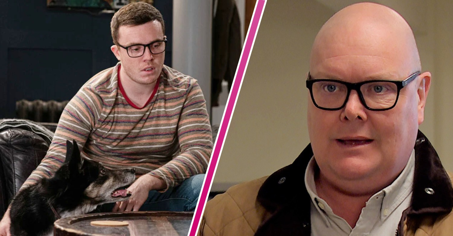 Vinny sits sadly with his dog, Chip. In the next image, Paddy looks guilty (Credit: ITV/Composite: Entertainment Daily)