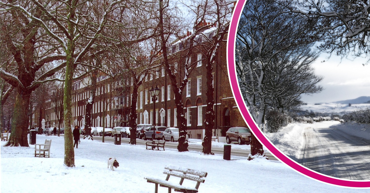 UK snow on houses in London, snow in the countryside