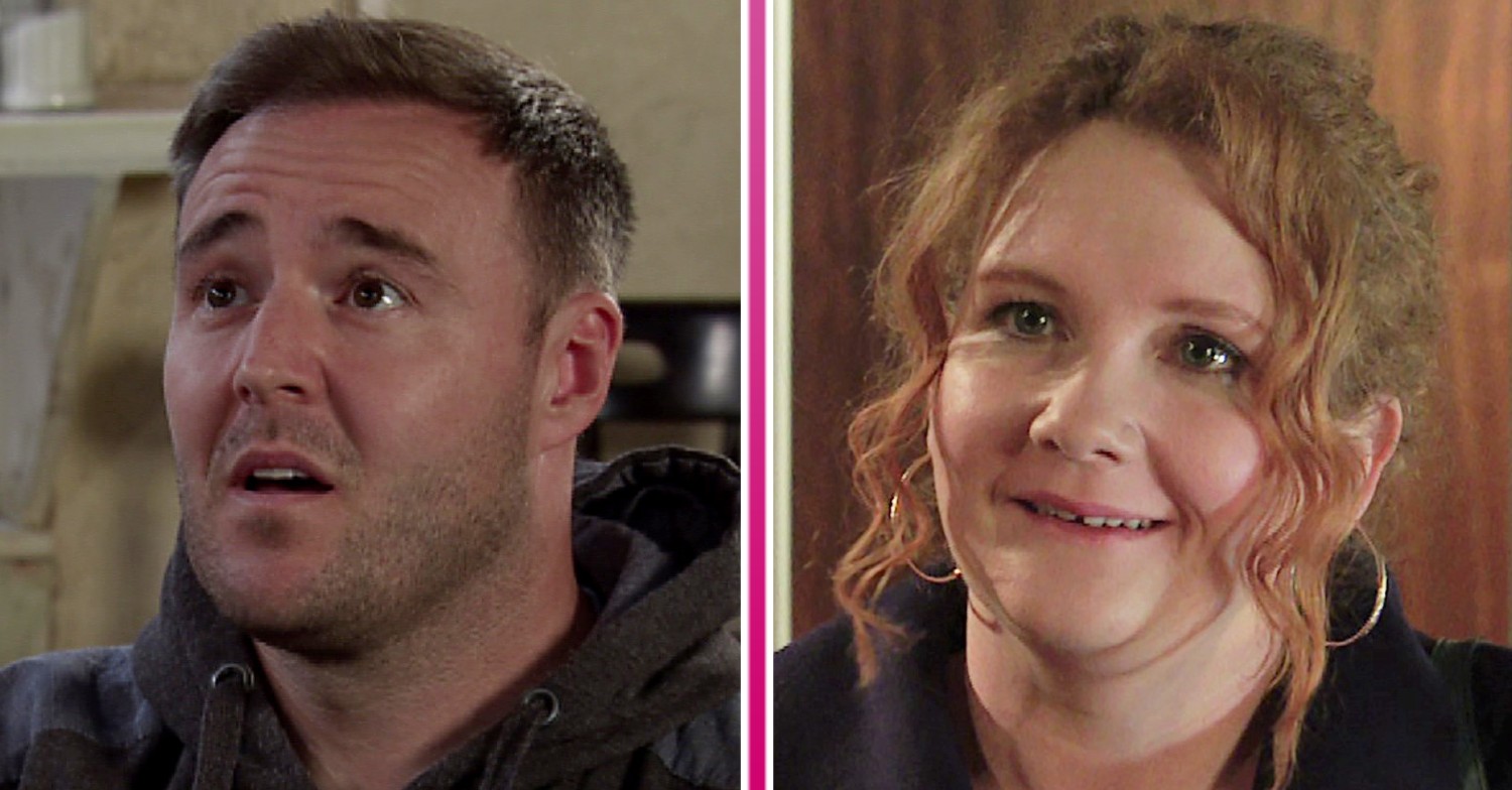 Tyrone looking hopeful and Fiz smiling in Coronation Street