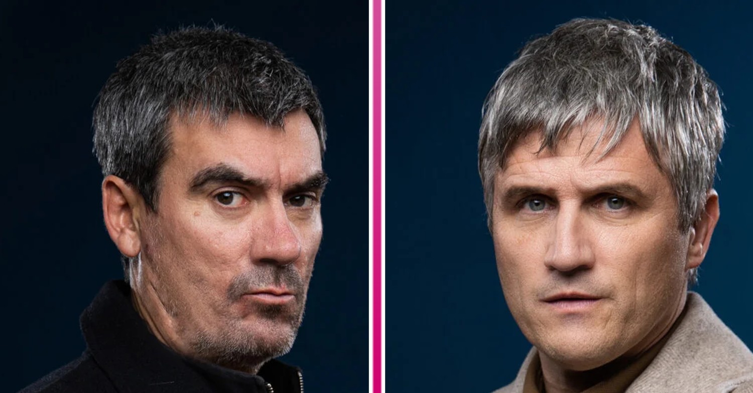 Cain looking angry and Caleb looking shocked in Emmerdale