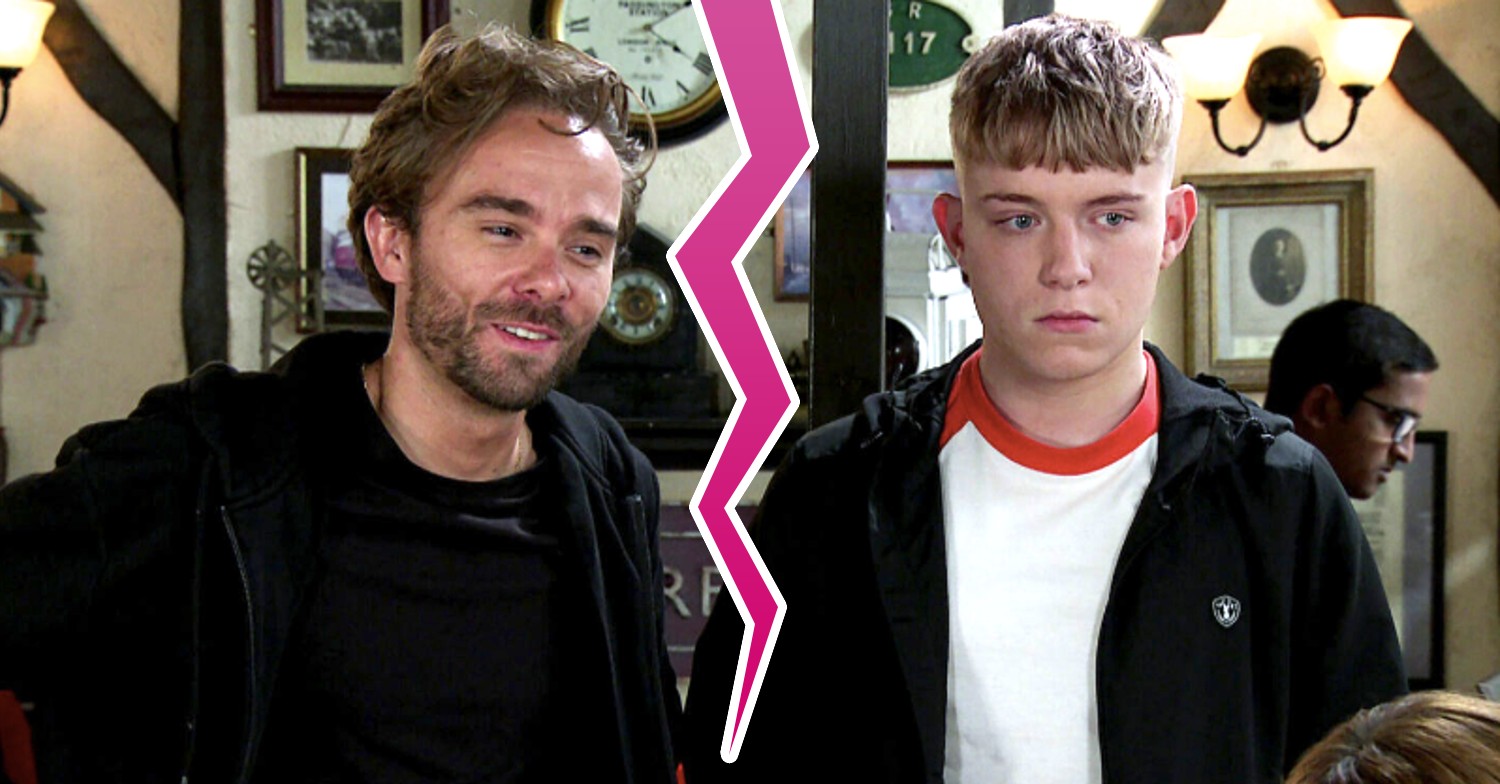 Max and David looking stern divided by a crack