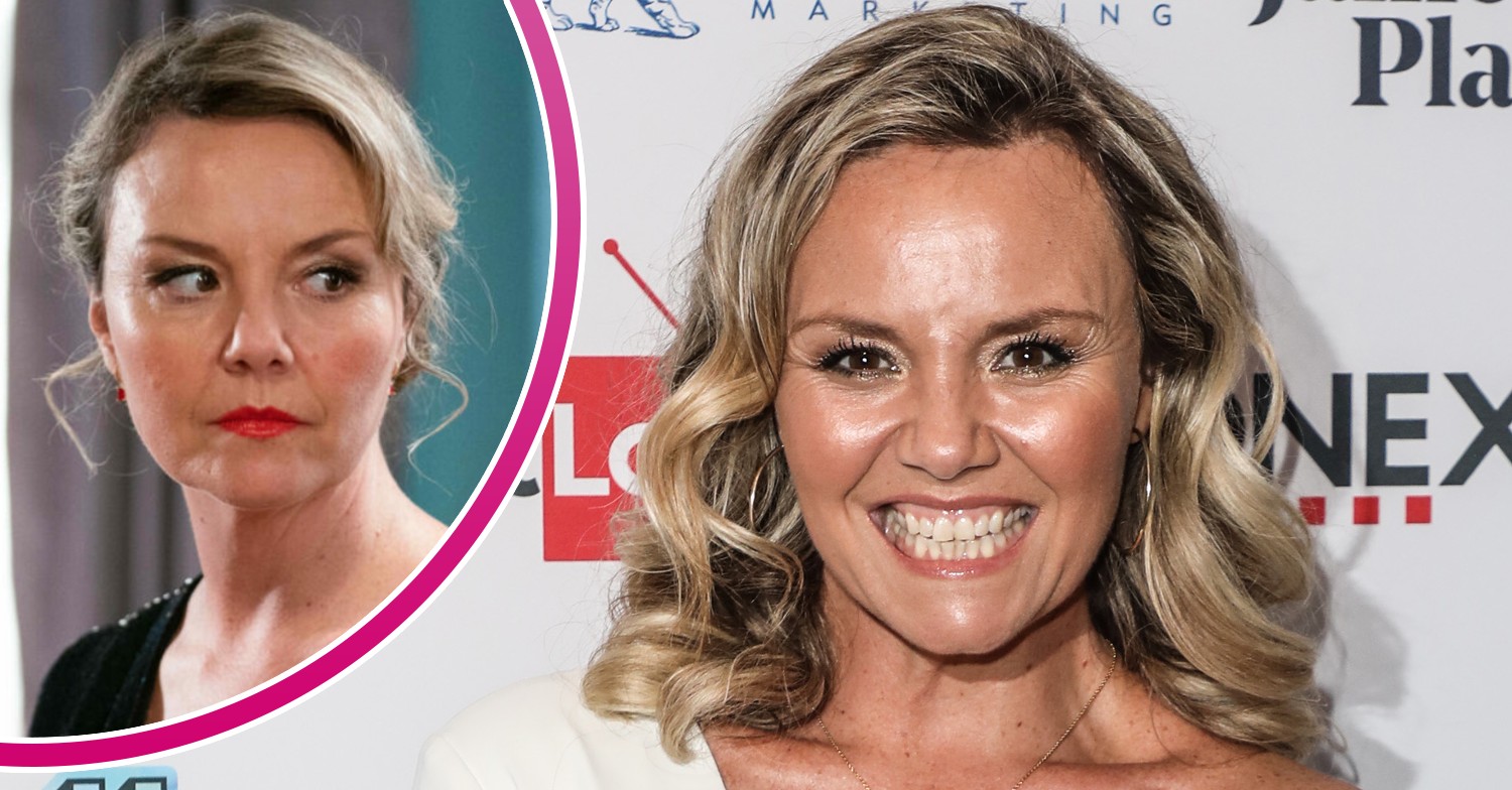Charlie Brooks smiling and as Janine Butcher in EastEnders