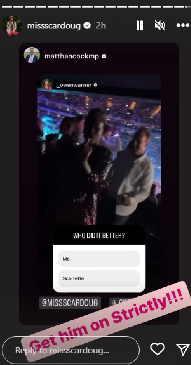 Matt Hancock and Scarlette Douglas dancing in Instagram Story