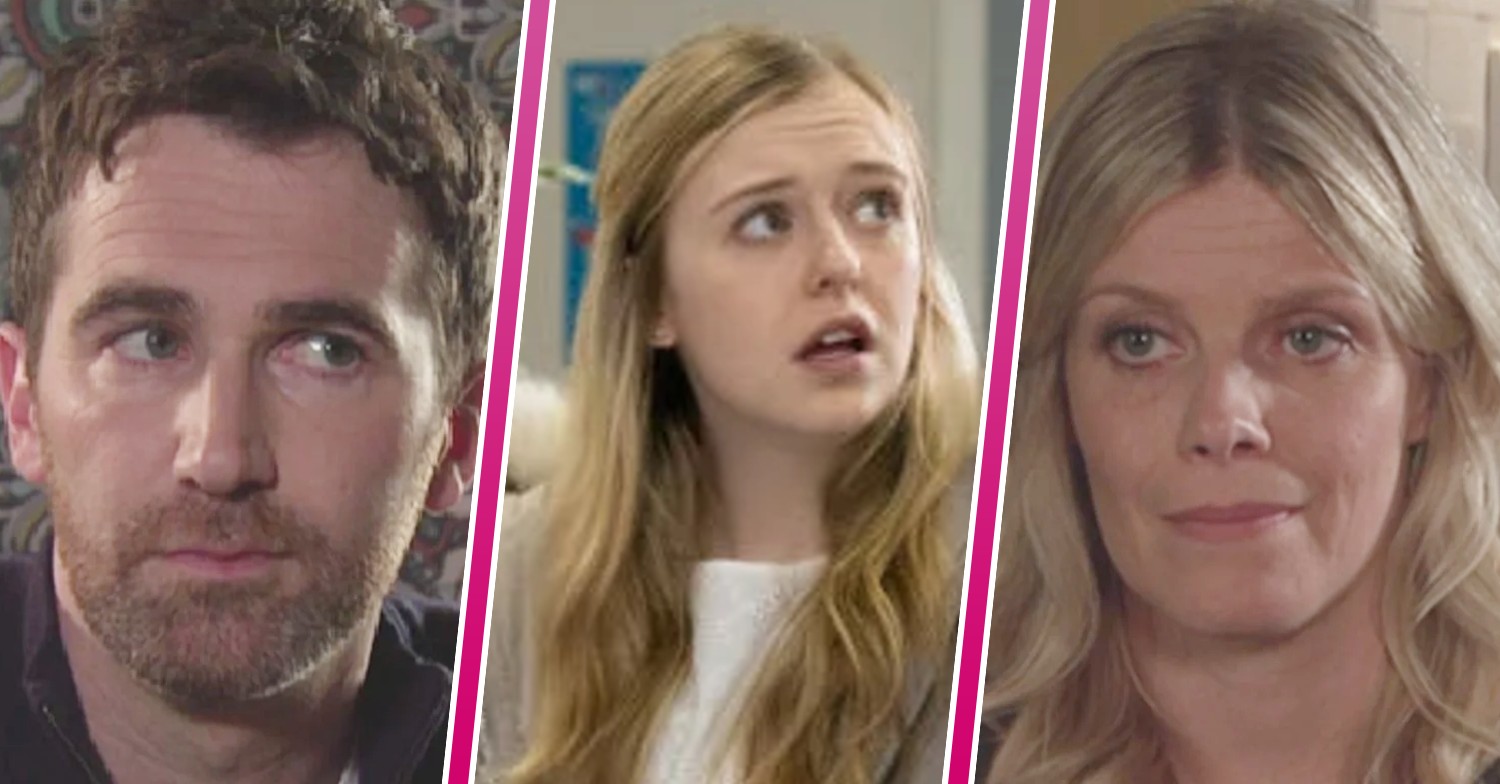 Mike looking suspicious, Summer looking worried and Esther smiling in Coronation Street