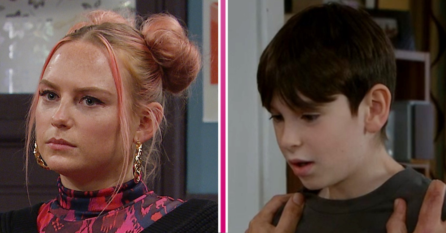 Amy looking worried and Kyle looking upset in Emmerdale