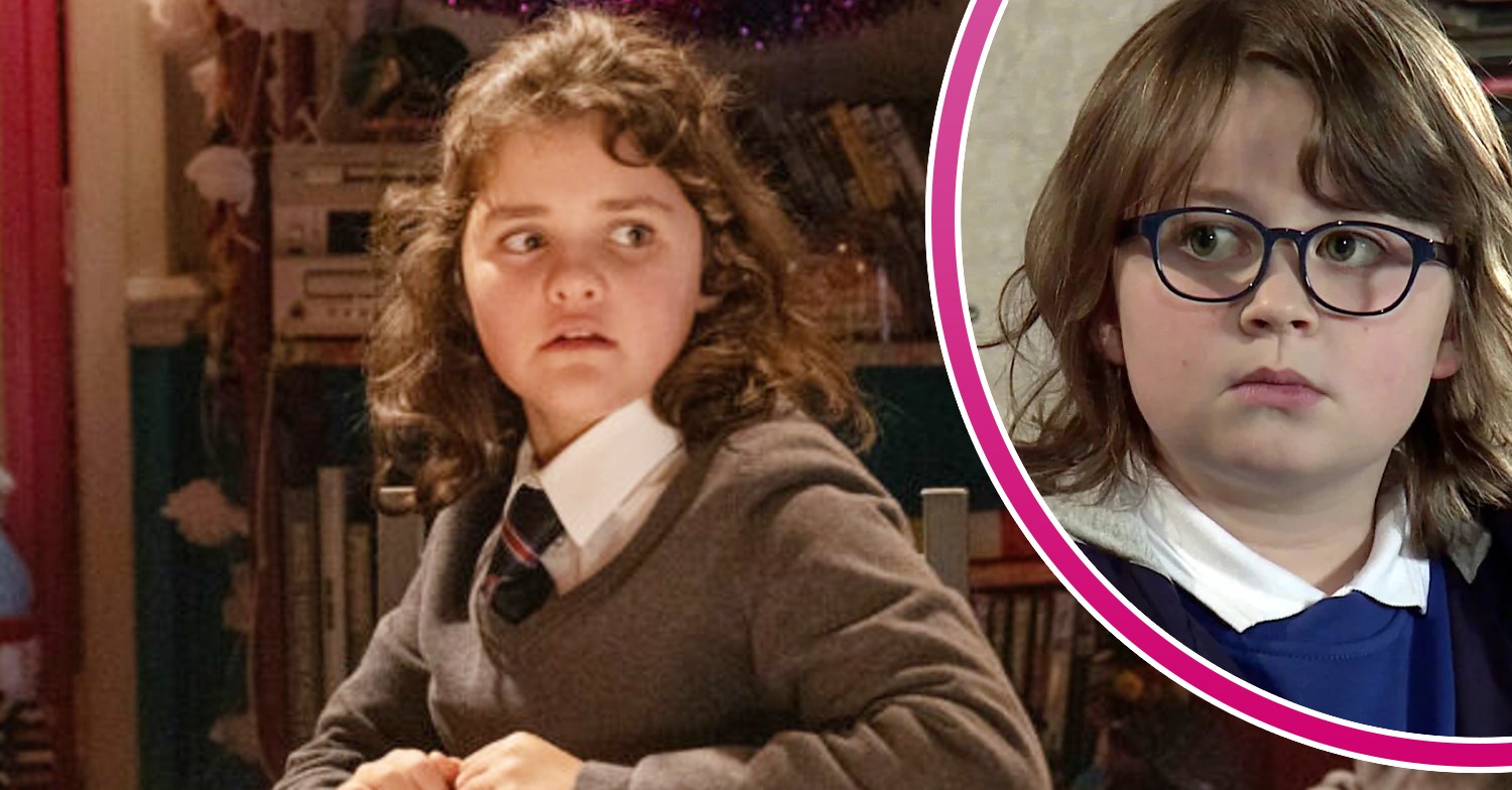 Hope looks scared on Coronation Street; inset, in a bubble, Sam stares disapprovingly (Credit: ITV/Composite: Entertainment Daily)