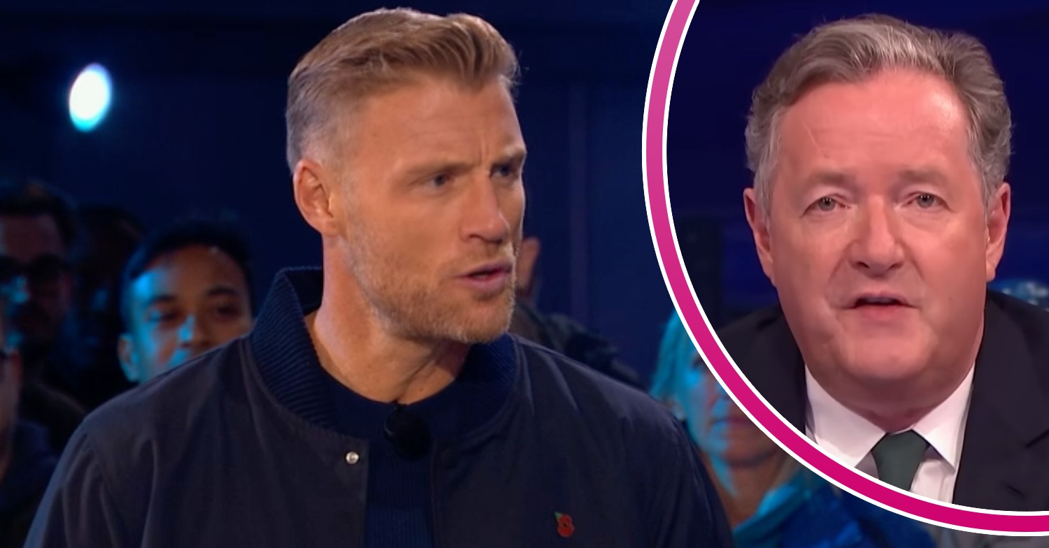 Freddie Flintoff frowns, Piers Morgan looks forward