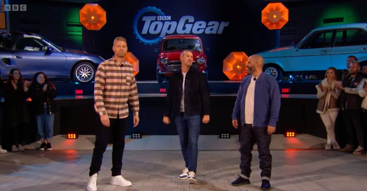 Freddie Flintoff with fellow Top Gear presenters Paddy McGuinness and Chris Harris