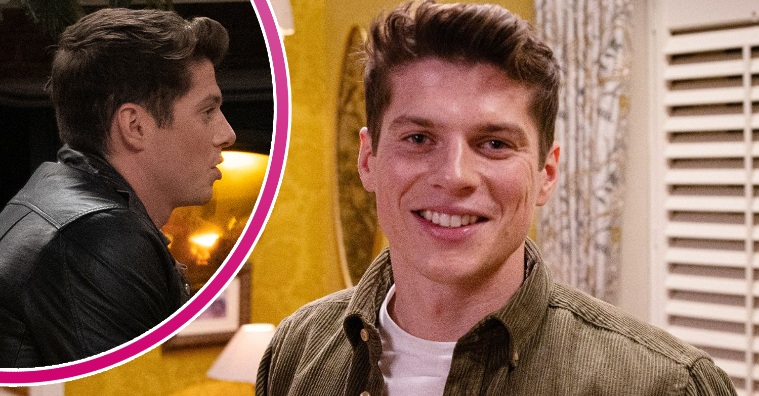 Emmerdale's Nicky is smiling, and in a bubble, Nicky is looking to the side