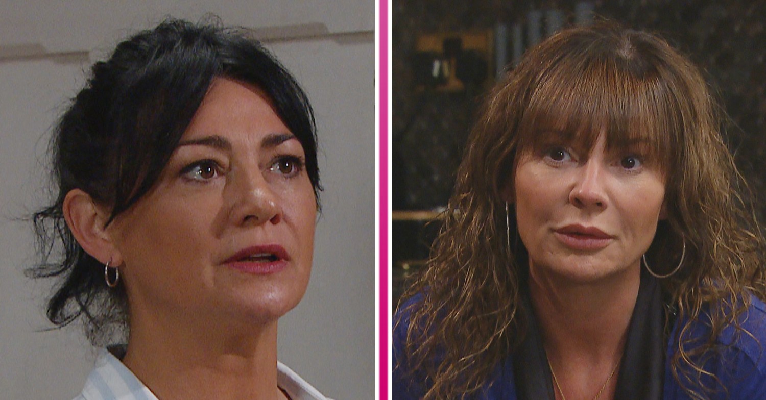 Moira looking worried and Chas looking scared in Emmerdale