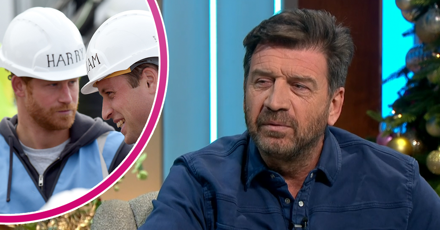 Nick Knowles scowling and Prince William and Harry in hard hard