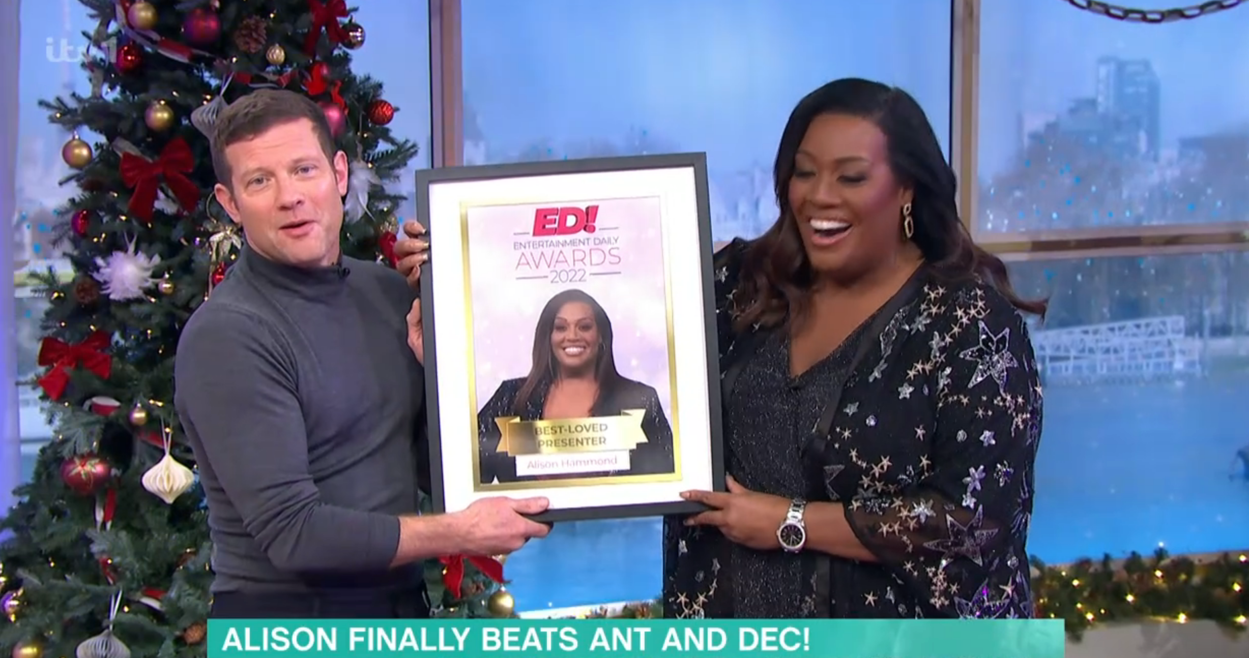 Dermot O'Leary and Alison Hammond holding the ED! award on This Morning 