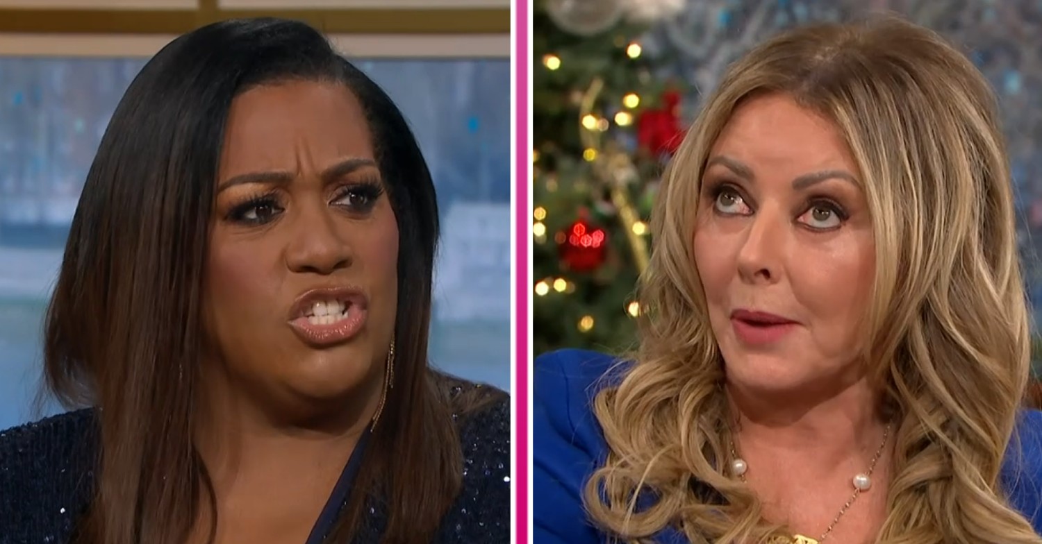 Alison Hammond looking cross and Carol Vorderman rolling her eyes on This Morning today