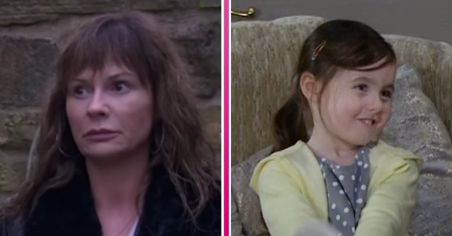 Chas looking worried and Eve smiling in Emmerdale