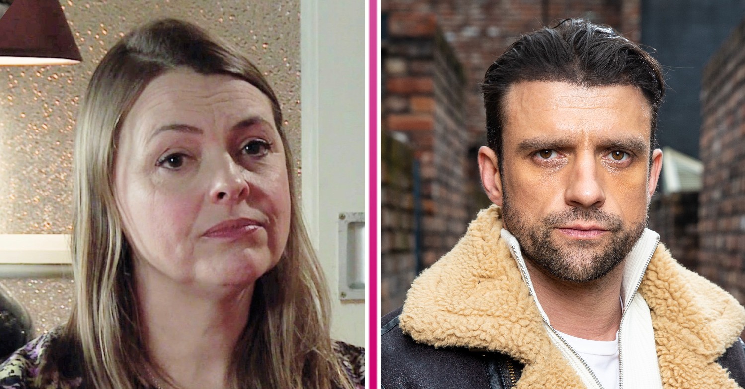 Tracy McDonald looking worried and Damon looking serious in Coronation Street