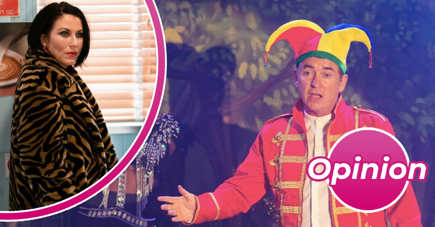 Alfie dressed as a jester with an insert of Kat looking worried