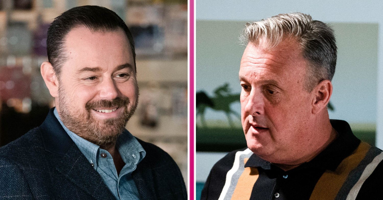 Mick smiling and Harvey looking worried in EastEnders