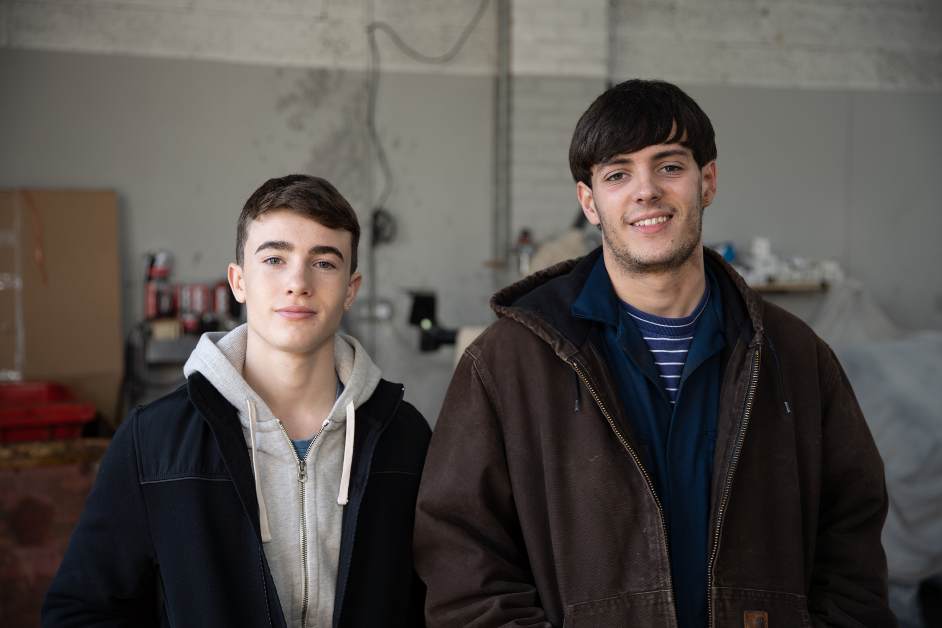 Aiden Kane and Riccardo Drayton smiling in Emmerdale rehearsals