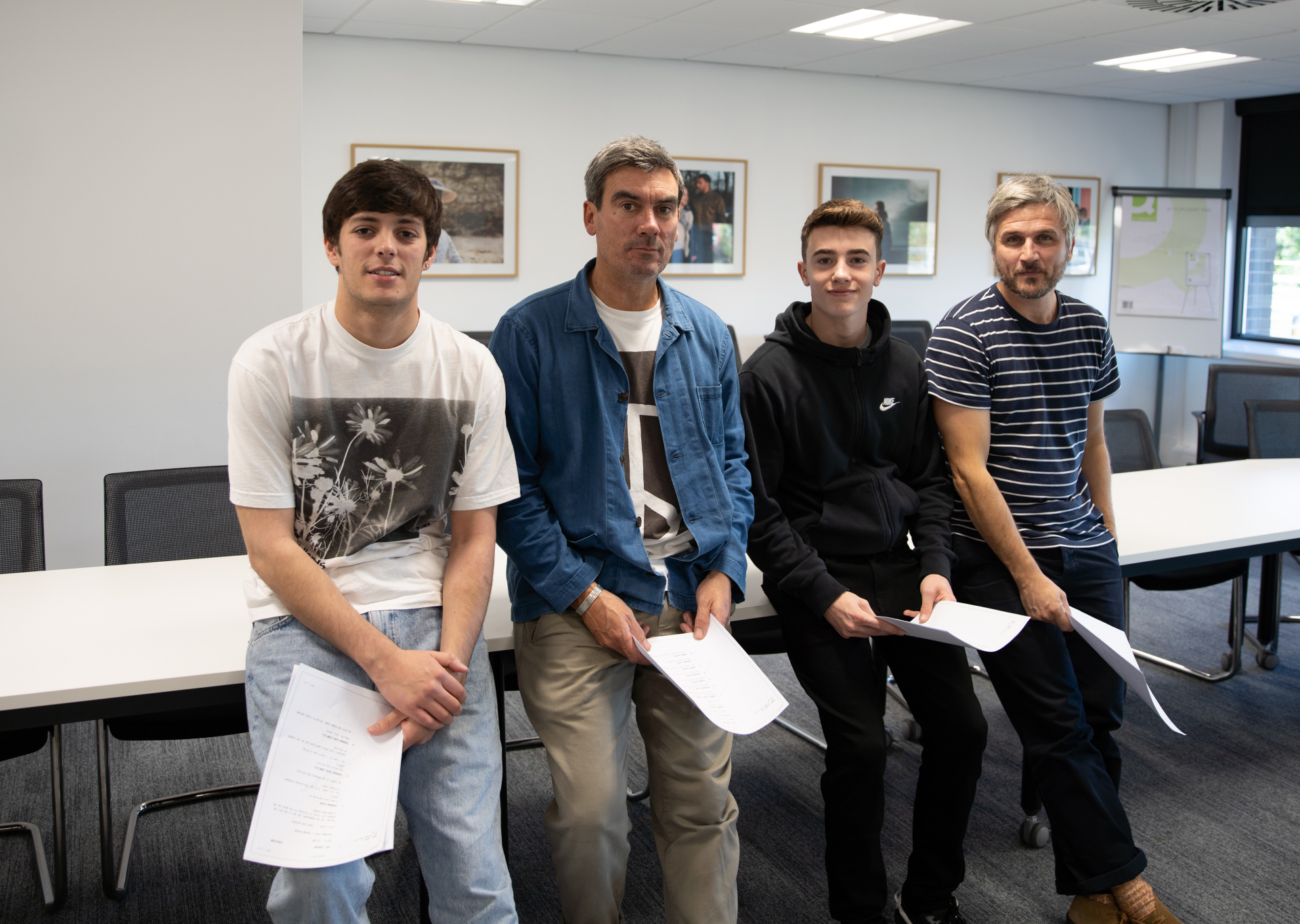 Aiden Kane, Jeff Hordley, Riccardo Drayton and Will Ash standing together in Emmerdale rehearsals