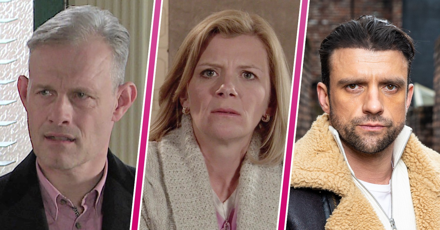 Nick looking angry, Leanne looking annoyed and Damon looking serious in Coronation Street