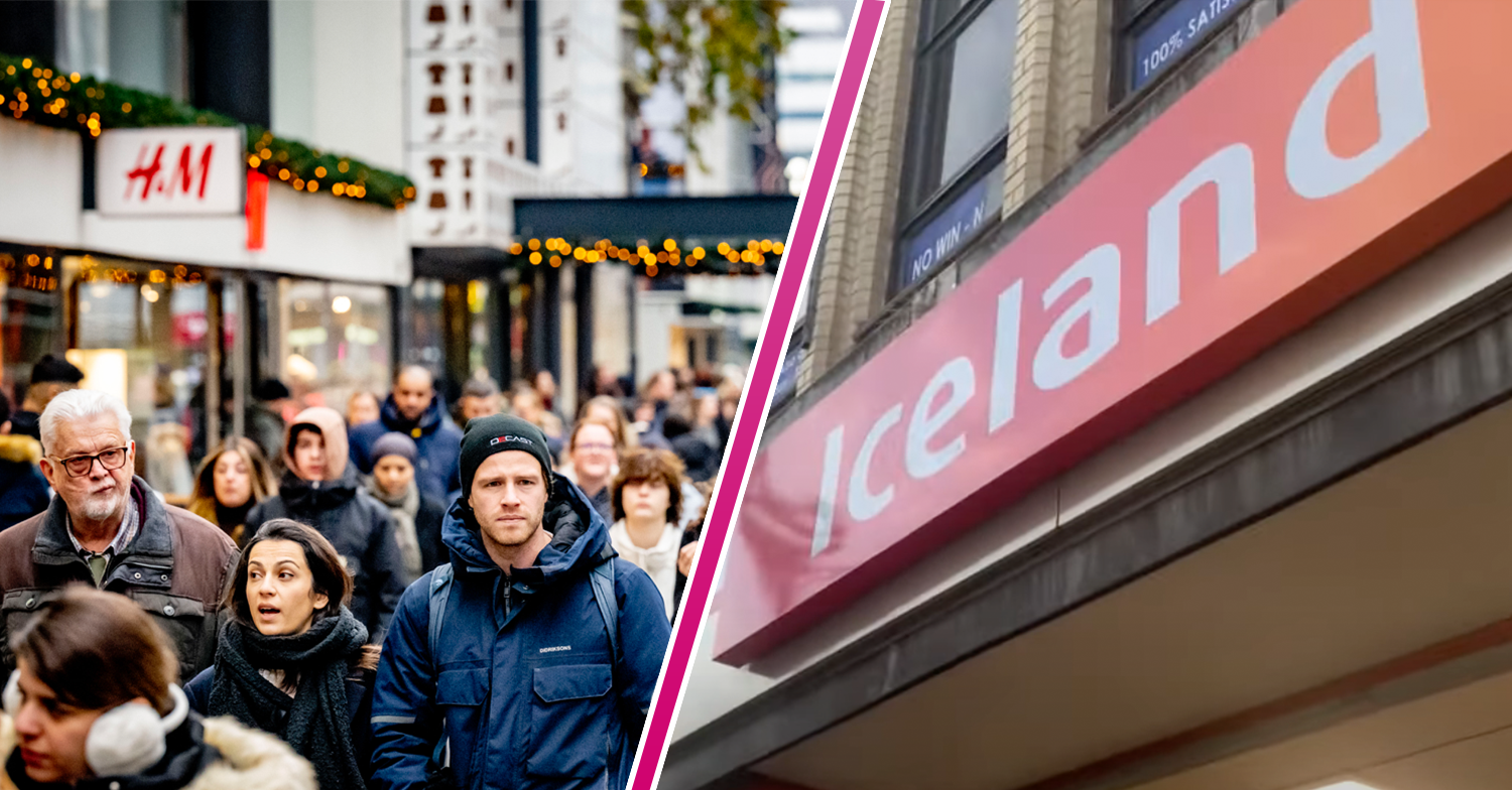 Shoppers out Christmas shopping and the Iceland store front