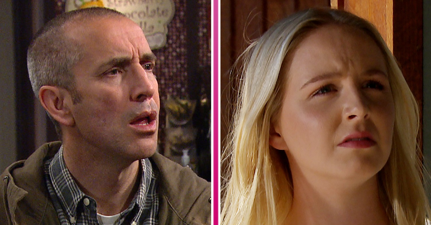 Sam looking shocked and Belle looking upset in Emmerdale