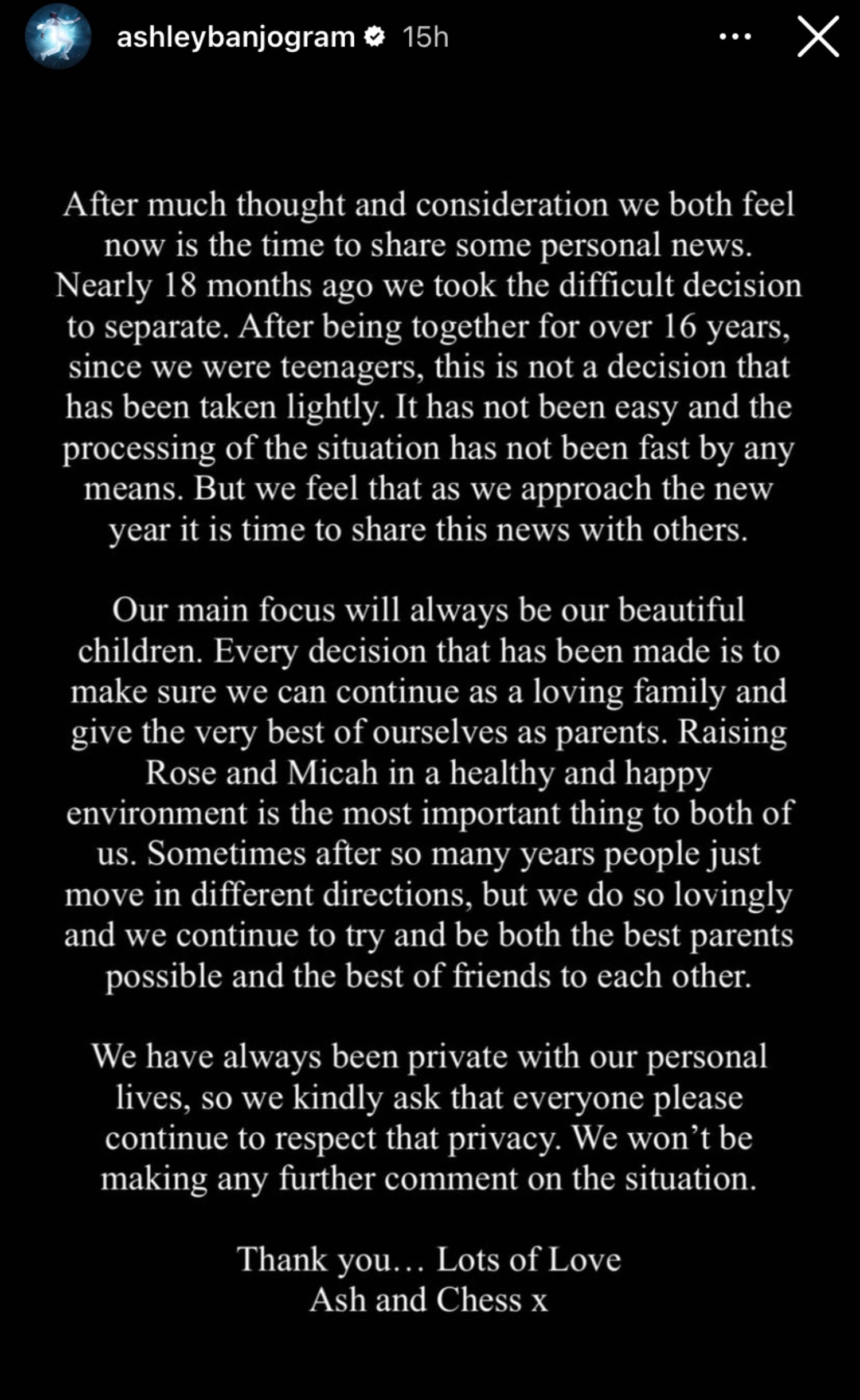 Ashley Banjo Instagram post about split