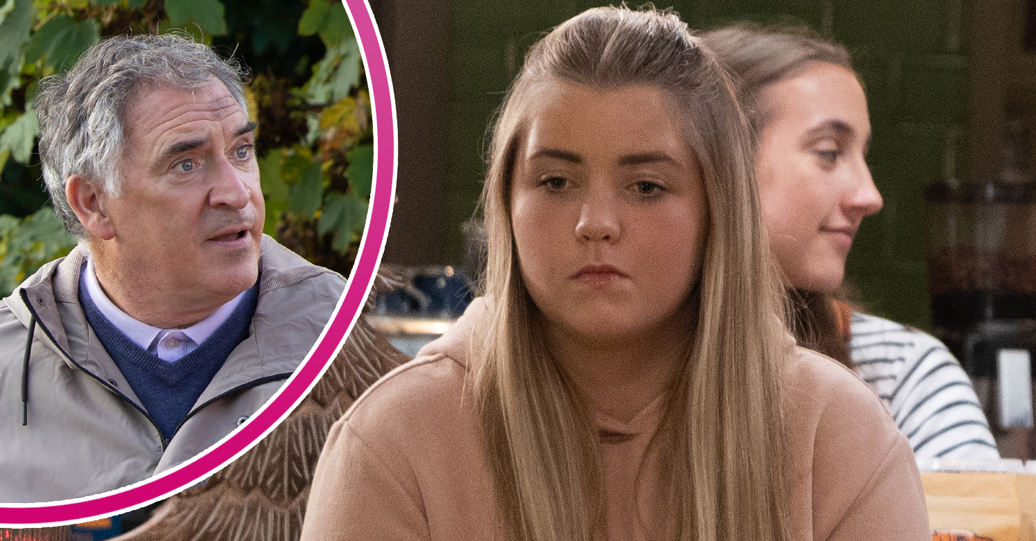 Emmerdale's Cathy is looking sad and, in a bubble, Bob cis looking frustrated