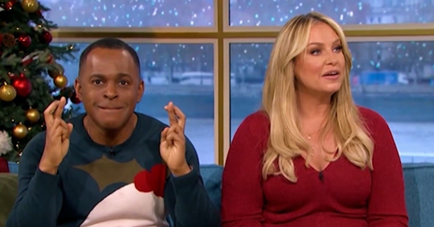 Andi Peters crossing his fingers and Josie Gibson talking on This Morning (Credit: ITV)