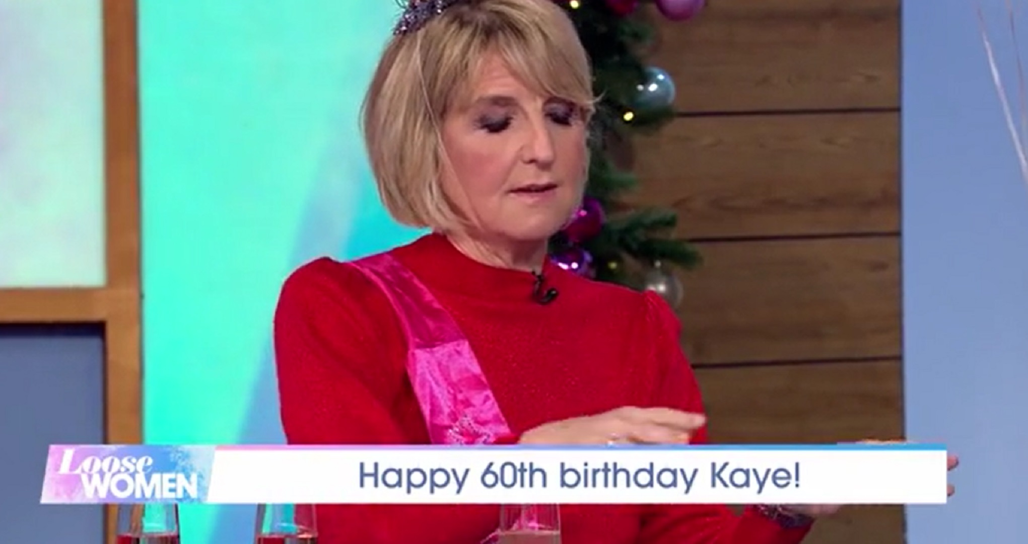 Kaye Adams wearing red on Loose Women