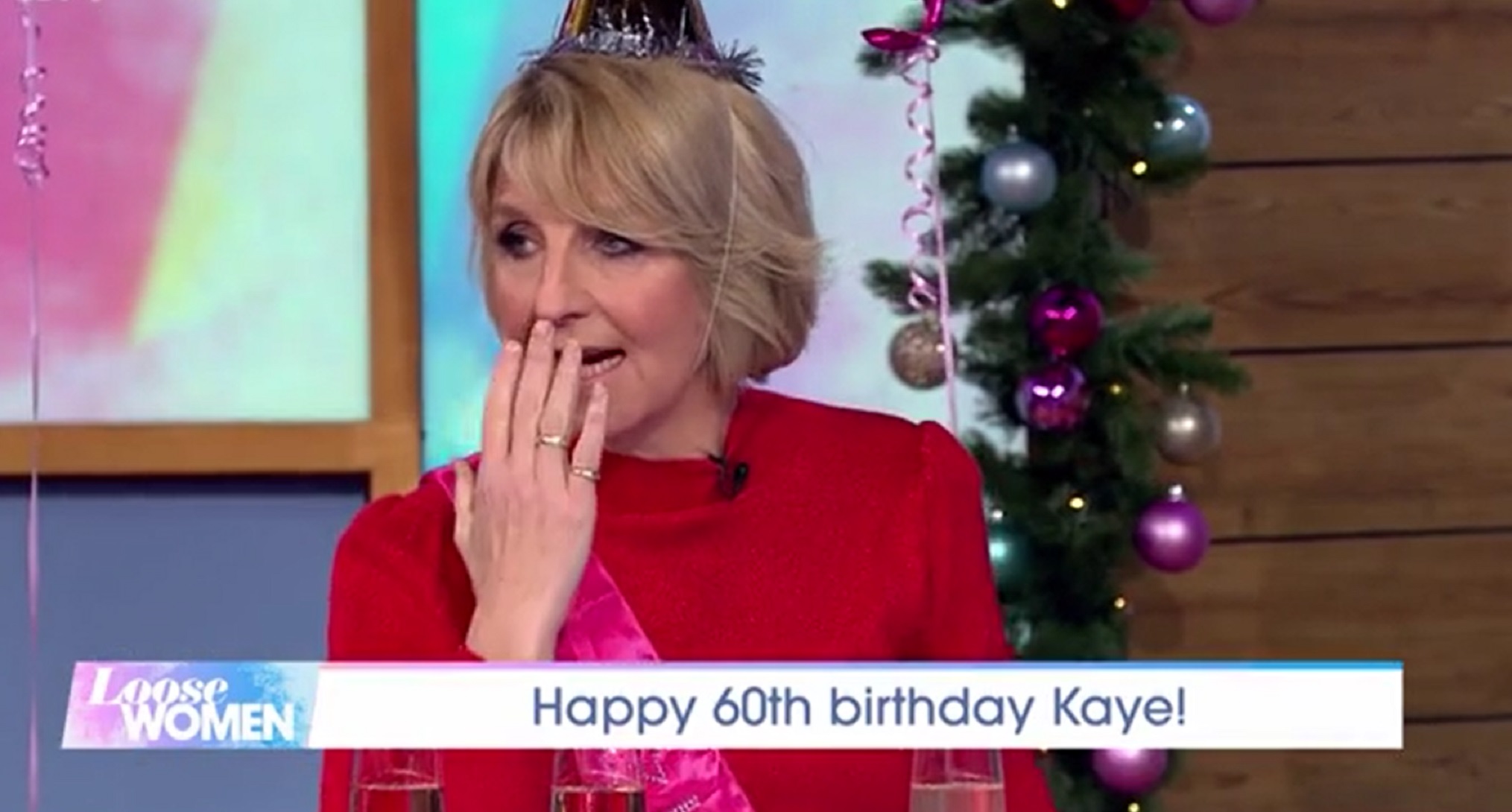 Kaye Adams wearing red on Loose Women