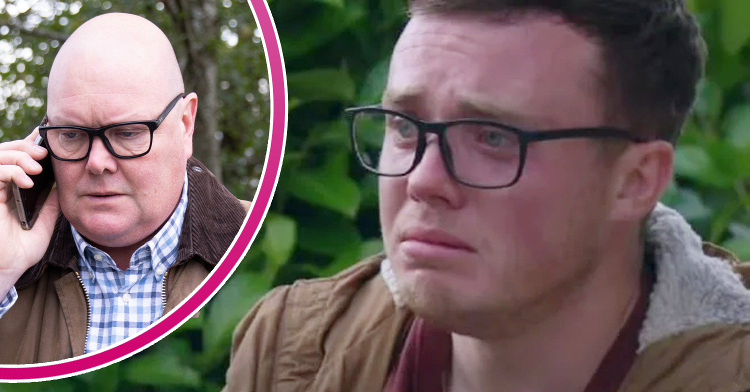 Emmerdale's Vinny is crying and, in a bubble, Paddy is on the phone whilst looking serious