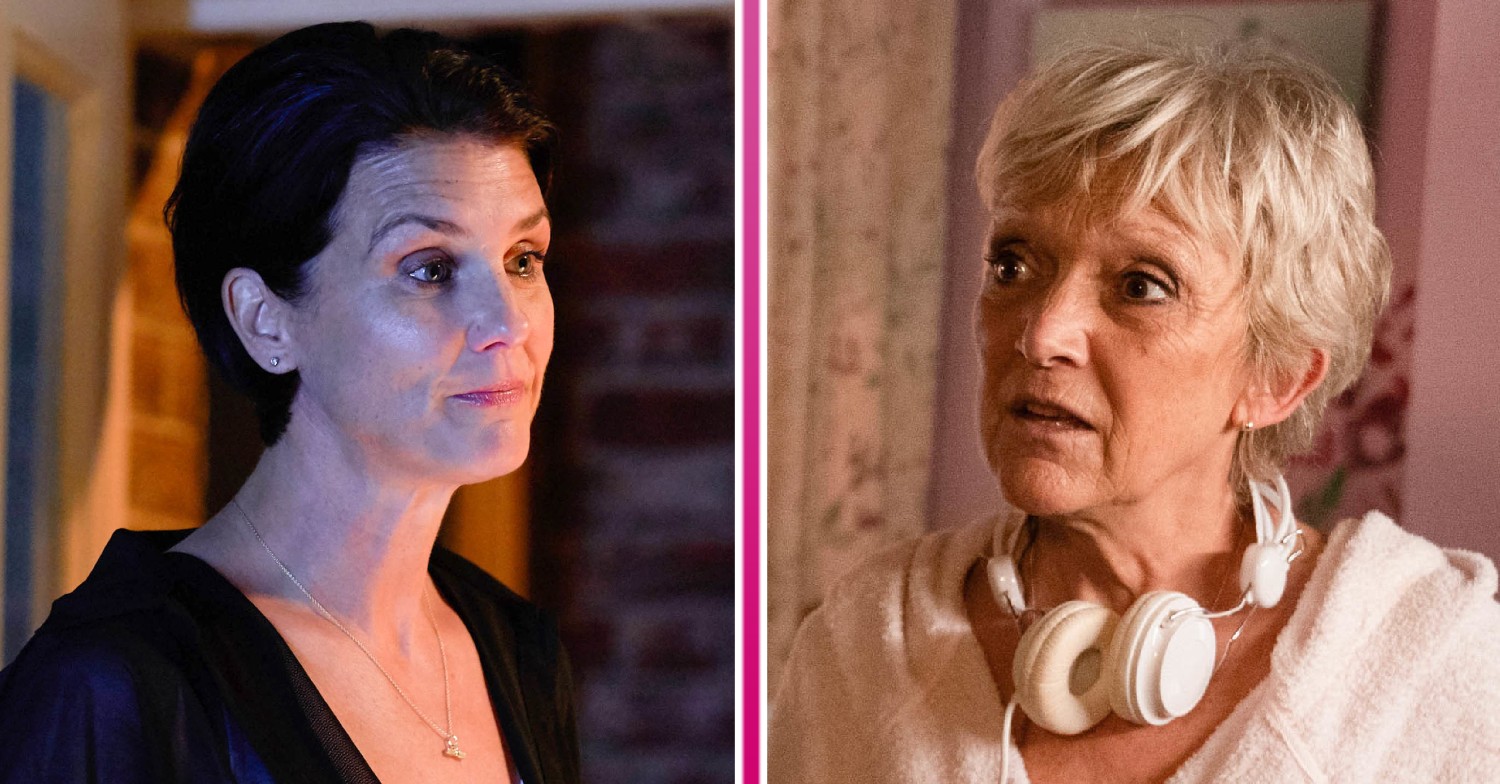 Eve Unwin and Jean Slater looking wide-eyed in EastEnders