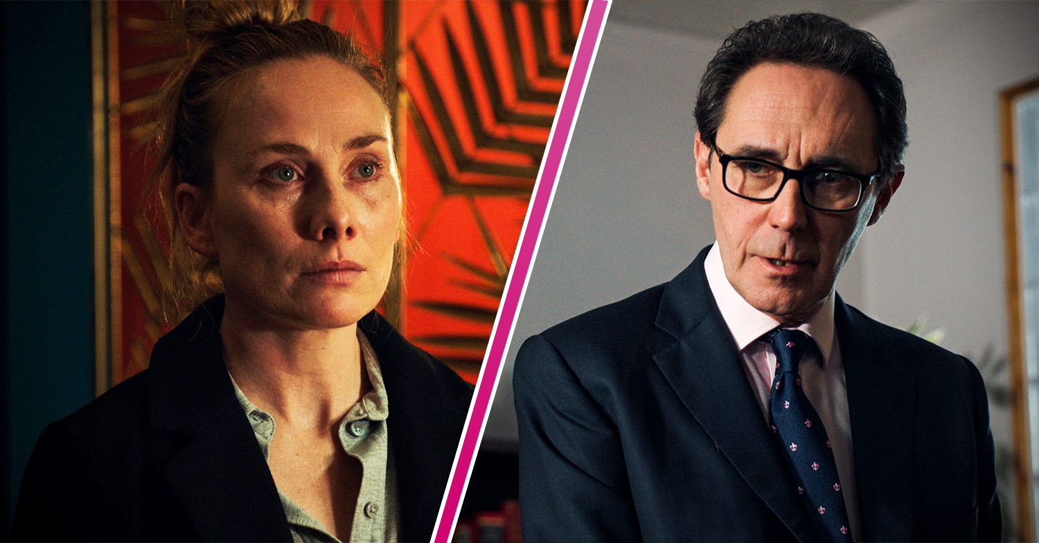 Two characters from Holby City looking concerned